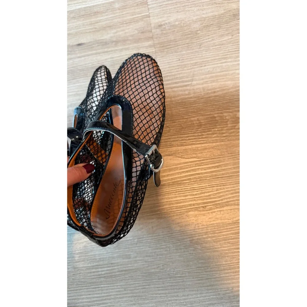 Mucccute Black Mesh Mary Jane Flats Patent Trim Buckle Strap Shoes Size 6
